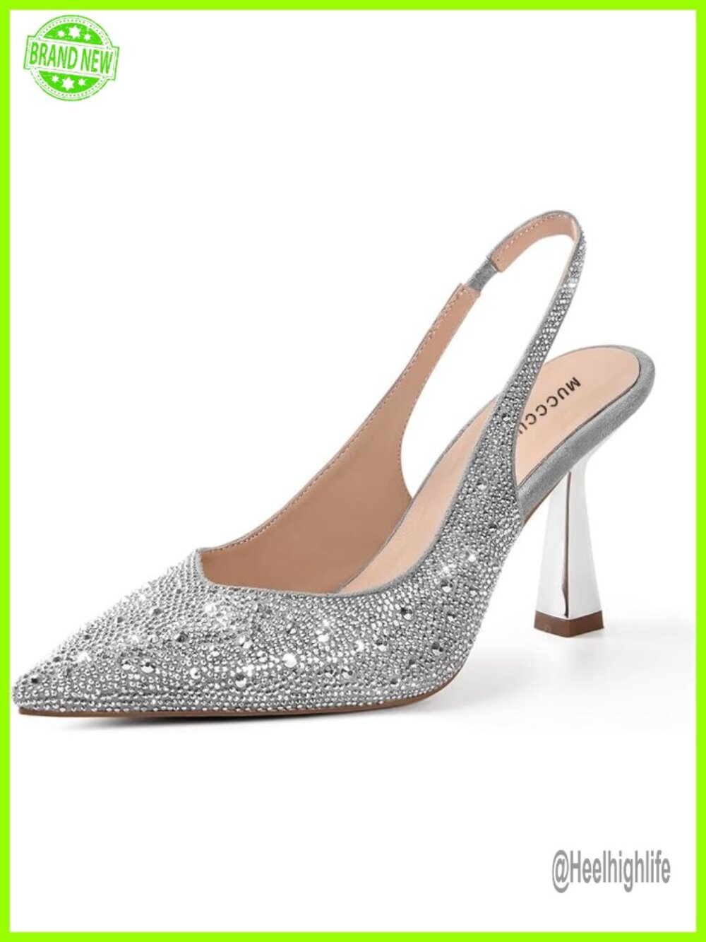 Women's Kitten Heel Slingback Pumps with Rhinestones and Pointed Toe